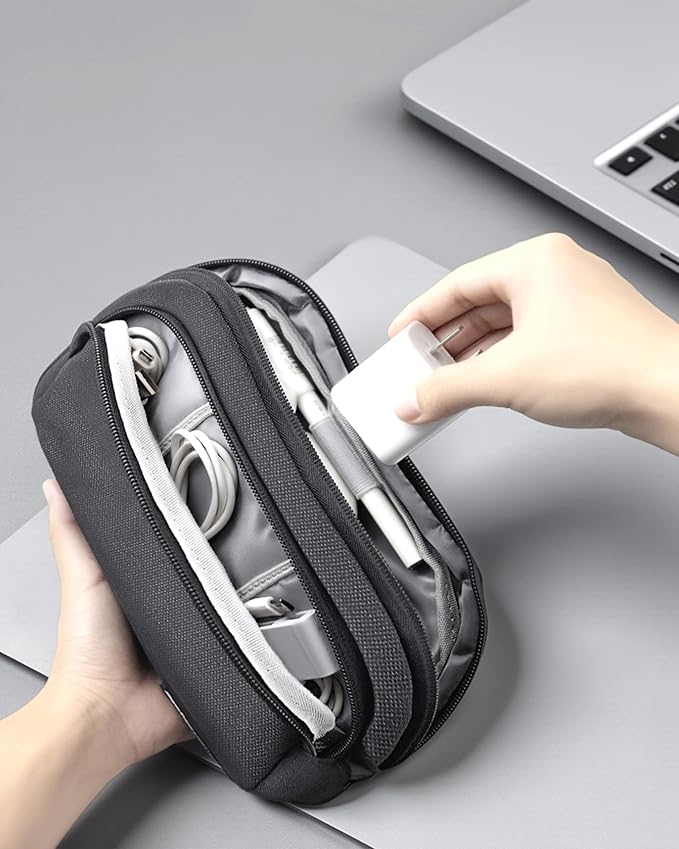 Electronics Organizer Travel Case - Portable Tech Bag, Portable Charger Organizer, All-in-One Storage Bag for Charging Cable, USB Cords, Black, Double Layer
