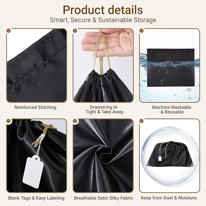 Ewen 19.6x15.7in Dust Bags for Handbags, 7 Pack of Black Dustproof Silk Bags with Drawstring for Travel, Purse Wallet Bags for Storage, Satin Covers for Shoes and Boots, Pouches Organizer for Closet