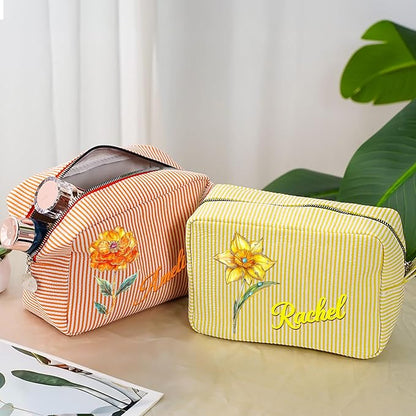 callie Personalized Makeup Bag - Custom Name & Birth Flower, Cosmetic Organizer Make Up Bag with Zipper, Birthday Christmas Travel Gifts for Women