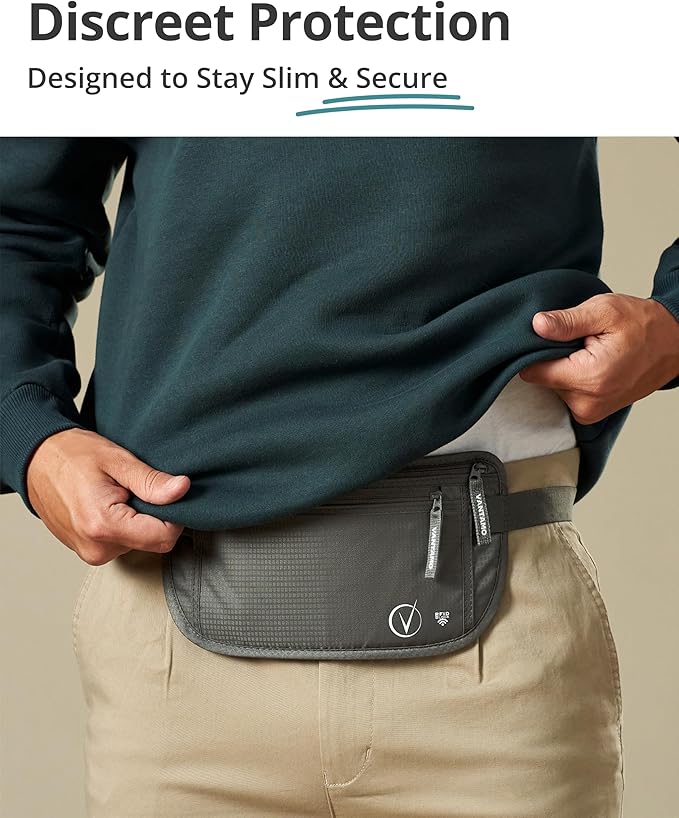 Vantamo Money Belt with RFID For Men & Women, Hidden Passport Holder for Travel, 2 Compartment Travel Fanny Pack for Women Anti Theft