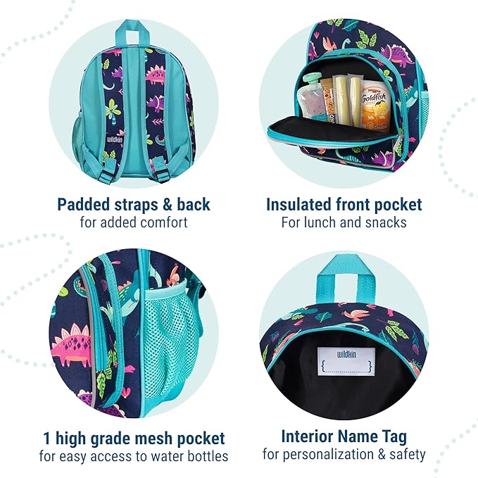 Wildkin 12-inch Kids Backpack – Padded, Adjustable, Ideal for Daycare & Travel - Darling Dinosaurs