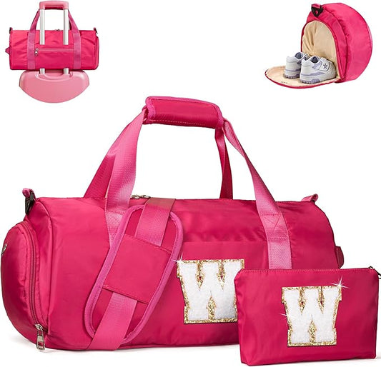 Christmas Gift for Grandkids, Girls Travel Duffel Bag, Kids Initial Overnight Bags with Shoe Compartment, Customized Sport Gym Weekender Bag with Makeup Pouch, Teen Girl Gifts (Letter W)