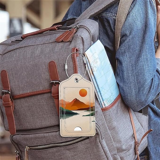 Funny PU Leather Luggage Tags 2-Pack Suitable for Suitcase Stainless Steel Loop and Address Card Essential with Cruise and Airport Travel Yellow Sunrise River Mountain Cute Pattern