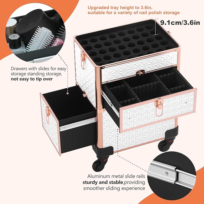 Makeup Train Case with Drawer, Rolling Makeup Case, Cosmetology Case on Wheels, Gift, Large Makeup Case Organizers, Professional for Salon Barber, Nail, Tattoo, White Gold