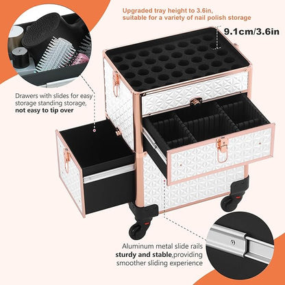 Makeup Train Case with Drawer, Rolling Makeup Case, Cosmetology Case on Wheels, Gift, Large Makeup Case Organizers, Professional for Salon Barber, Nail, Tattoo, White Gold