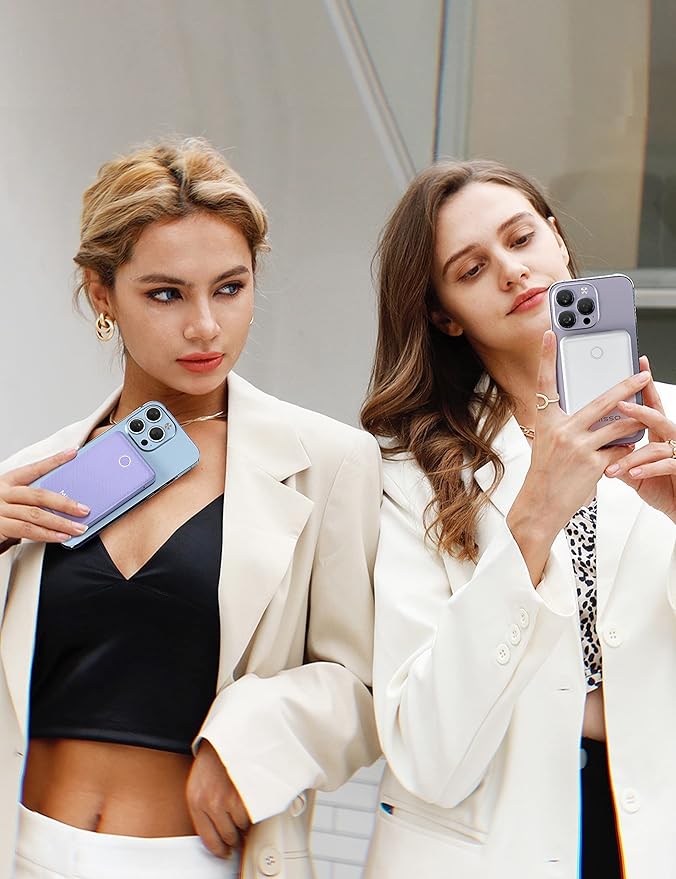 6000mah Ultra Slim Built in Cables Power Bank, Card Size Built in USB C Cords Battery Pack Portable Charger for Phones, 3 Output External Battery Pack Compatible with iPhone, 2-Pack White & Purple