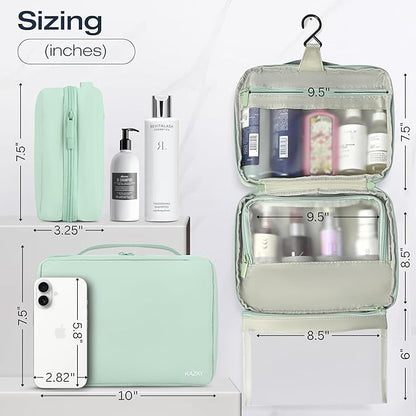 KAZAY Hanging Toiletry Bag with TSA Approved Detachable Pouch, Travel Toiletry Bag, Water Resistant, Premium Nylon, Full-Size Bottles, Travel Size Toiletries, Cosmetic Bag, Unisex (Sage Green)