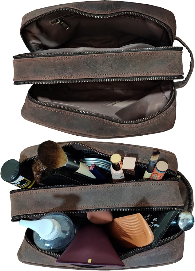 RUSTIC TOWN Full Grain Leather Travel Toiletry Bag - Cosmetic Ditty Kit Organizer (Dark Brown)