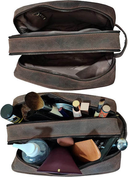 RUSTIC TOWN Full Grain Leather Travel Toiletry Bag - Cosmetic Ditty Kit Organizer (Dark Brown)