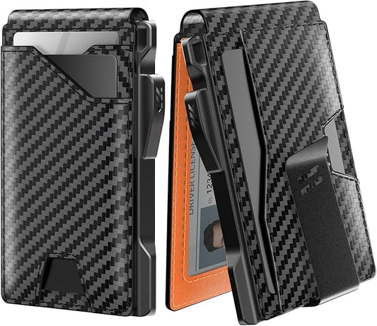 typecase Tactical Wallet for Men Card Holder: Pop Up Card Case, Genuine Leather, Smart, RFID Blocking, Slim, Minimalist, Thin, Front Pocket - 9-13 Card Capacitiy, ID Window, Money Clip (Orange)