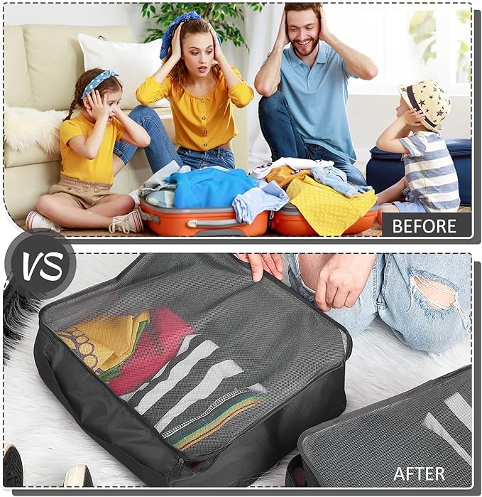 Silkfly 12 Pcs Packing Cubes for Suitcase Travel Luggage Bags Bulk Mesh Organizer Set for Hiking Camping Backpacking Clothes Accessories (Black,XL, L, M Size)