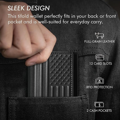 Trifold Leather Wallet for Men RFID Blocking – Mens Trifold Wallet Leather with 12 Card Slots, Gift for Men, American Flag Wallet Black