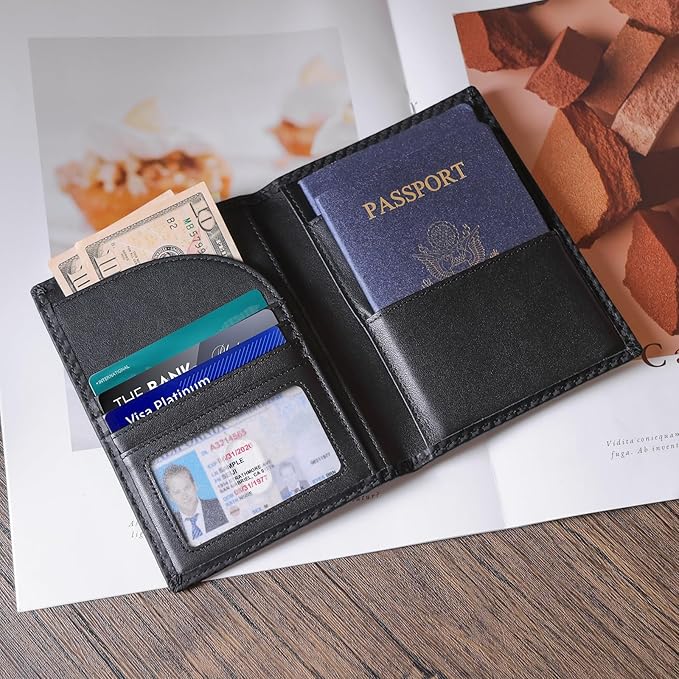 Polare Full Grain Leather Passport Holder RFID Blocking Travel Bifold Wallet Passport Holders 2 Passports (Carbon Black)