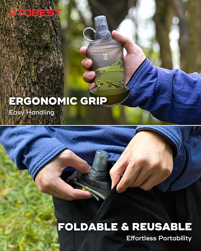 200ml Soft Flask, 2 Pack Flexible TPU Hydration Water Bottle, Collapsible with 28mm Caliber for Running, Hiking, Cycling, Climbing, and Marathon Green