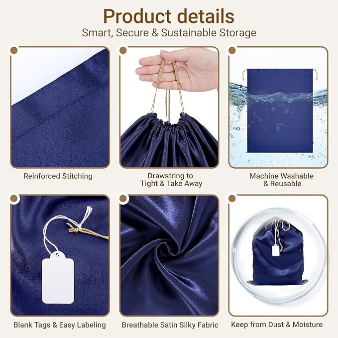 Ewen 7 Pack Satin Drawstring Shoe Bags with Blank Tags, 11.8x15.7in Dust Bags for Handbags Home Storage, Travel Essentials Small Packing Bag Dustproof, Dark Blue Purse Organizer Jewelry Organization