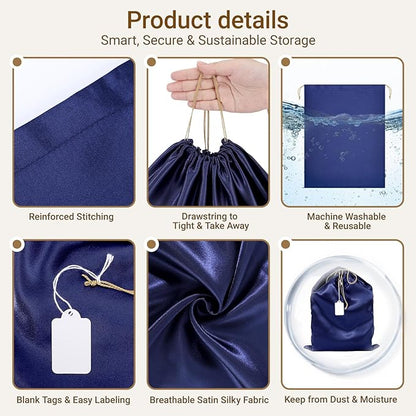 Ewen 7 Pack Satin Drawstring Shoe Bags with Blank Tags, 11.8x15.7in Dust Bags for Handbags Home Storage, Travel Essentials Small Packing Bag Dustproof, Dark Blue Purse Organizer Jewelry Organization
