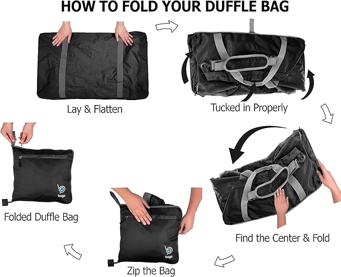 Bago Large Foldable Duffel Bags for Traveling Women & Men - 120L Packable Duffle Bag for Travel with Shoe Compartment - Water Repellant, Heavy Duty, Lightweight Folding & Collapsible (Black)