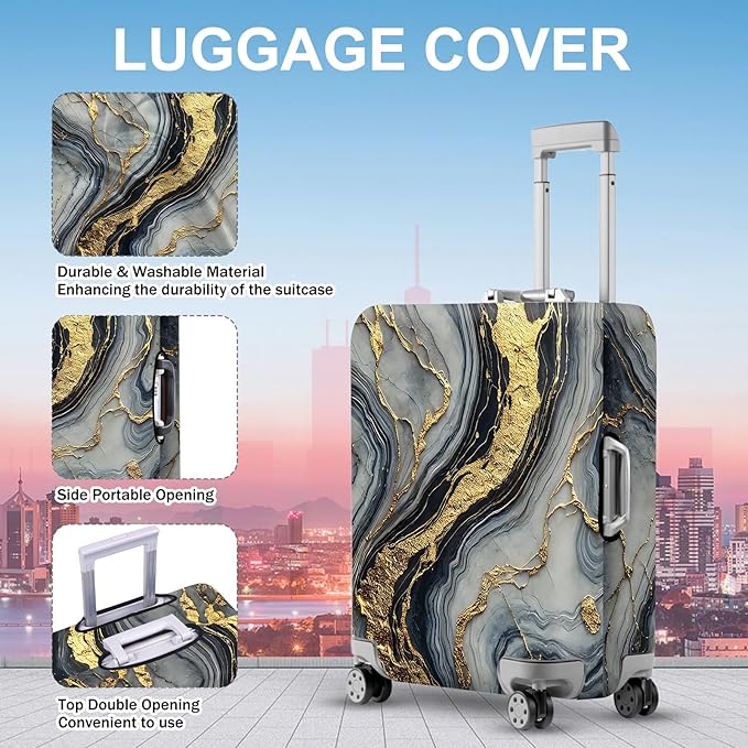 ANNA QUEEN Luxury Marble Gold Luggage Cover, Elegant Black & Grey Suitcase Protector with Faux Gold Vein Design, Stretchable, Washable Spandex Cover for 20-22 Inch Luggage