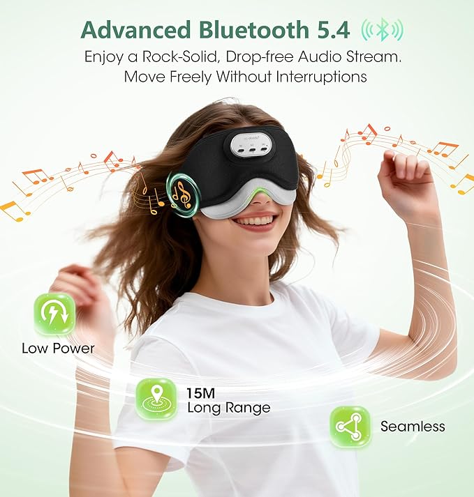 LC-dolida Voice Control Bluetooth Sleep Mask, Bamboo Cotton Bluetooth Sleep Headphones with 3D Zero-Pressure Cups and Timer Setting, Total Blackout Sleep Eye Mask for Side Sleepers, Black