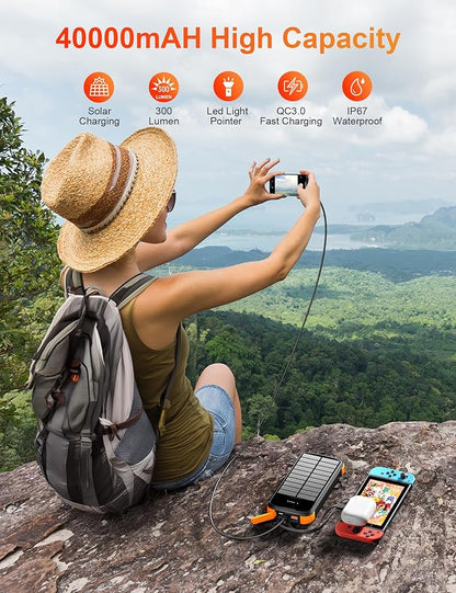 Solar Power Bank 40000mAh, Portable Charger PD 20W Fast Charging Solar Charger Power Bank Built in 4 Cables and USB-C in/Output, Camping Essentials External Battery Pack with Flashlights