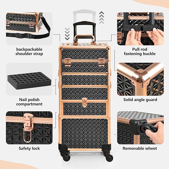 Makeup Train Case with Drawer, Rolling Makeup Case, Cosmetology Case on Wheels, Gift, Large Makeup Case Organizers, Professional for Salon Barber, Nail, Tattoo, Black Gold