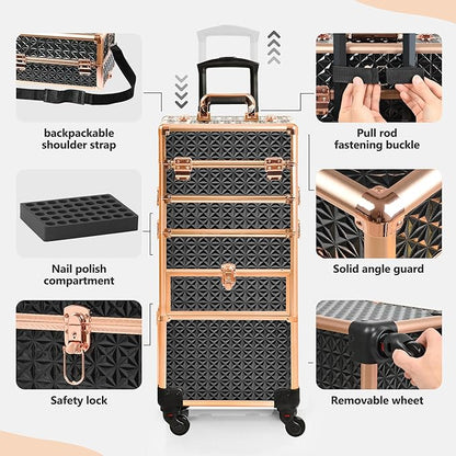 Makeup Train Case with Drawer, Rolling Makeup Case, Cosmetology Case on Wheels, Gift, Large Makeup Case Organizers, Professional for Salon Barber, Nail, Tattoo, Black Gold