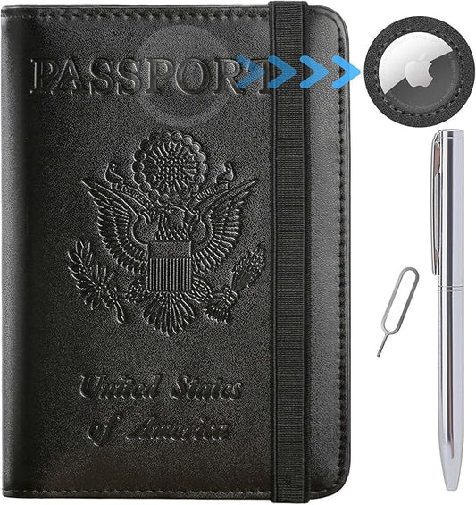 Airtag Passport Holder Cover Wallet Travel Essentials RFID Blocking Leather Card Case International Must Haves Travel Accessories for Women Men(119#Black)