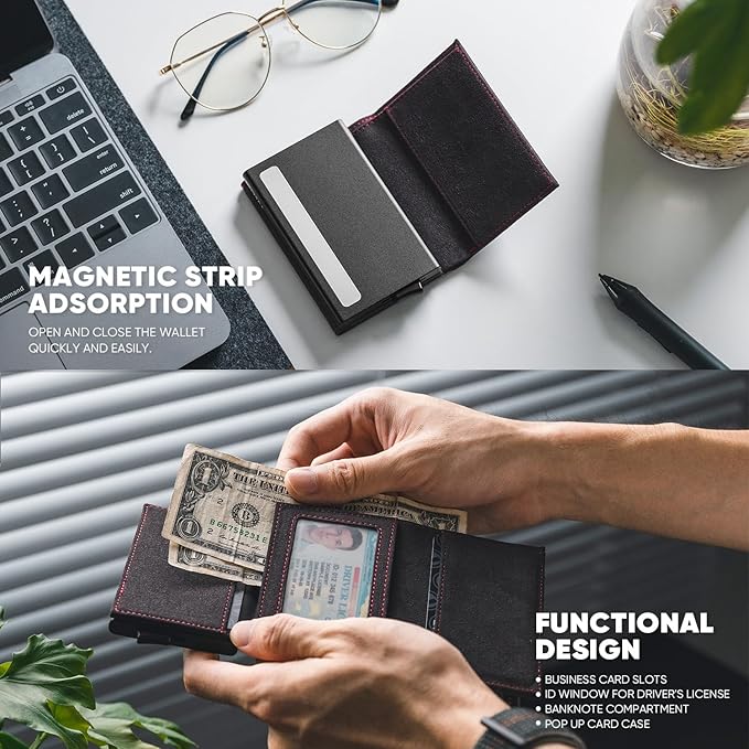 VULKIT Pop up Wallet Minimalist Cash Wallets RFID Blocking Leather Smart Credit Card Holder with Magnetic Closure for Men