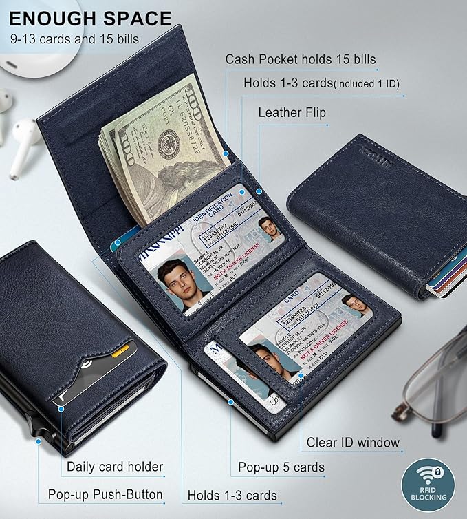Wallet for Men,with Cash Pocket 2 ID Window 9-13 Cards,Metal Case Smart Slim Pop Up Credit Card Holder Flip with Magnetic Closure RFID Blocking Trifold wallet with Gift Box
