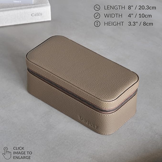 TAWBURY Luxury Leather Watch Box Unisex – Mens Travel Watch Case Zipper Closure | Taupe Top-Grain Genuine Leather Watch Travel Roll | Real Leather Watch Boxes for Men Travel | 3 Watch Carrying Case