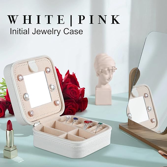 Parima Travel Jewelry Case, Organizer Box Small Case Boxes for Women Mini Initial T White