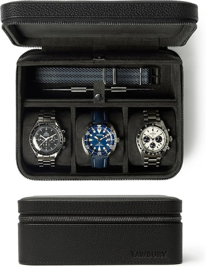 TAWBURY 3 Slot Watch Case Plus Storage – Luxury Leather Watch Travel Case for Men | Black Watch Cases for Men Travel | Traveling Watch Holder for Men | Black Watch Roll Case | 3 Watch Box for Men