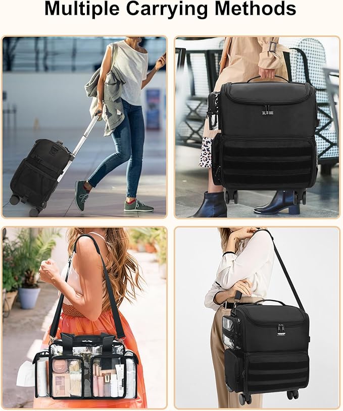Relavel Rolling Makeup Train Case, Cosmetology Case on Wheels with 4 Clear Bags and Clear Makeup Bag, Professional Makeup Artist Set Bags Organizer with 360° Spinner Wheels