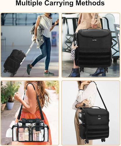 Relavel Rolling Makeup Train Case, Cosmetology Case on Wheels with 4 Clear Bags and Clear Makeup Bag, Professional Makeup Artist Set Bags Organizer with 360° Spinner Wheels