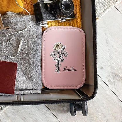 callie Personalized Birth Flower Jewelry Box with Mirror & LED 3 Adjustable Light, Custom Name - Travel Makeup Organizer Box, Birthday Christmas Gift for Women Girls