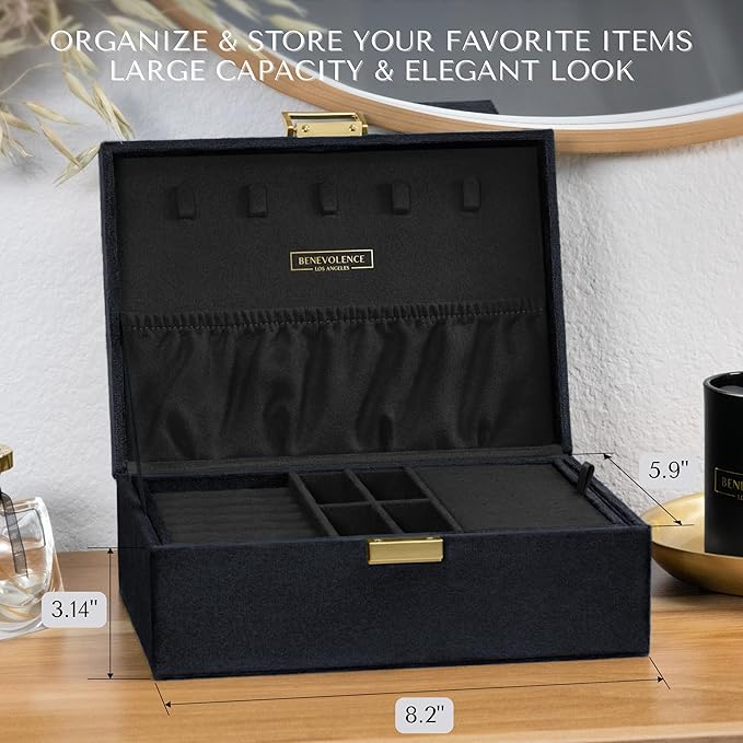 Benevolence LA 2 Layer Jewelry Box for Women, Large Velvet Jewelry Organizer with Decorative Lock, Removable Jewelry Tray, Earrings, Bracelets, Rings and Necklace Storage Box - Ebony