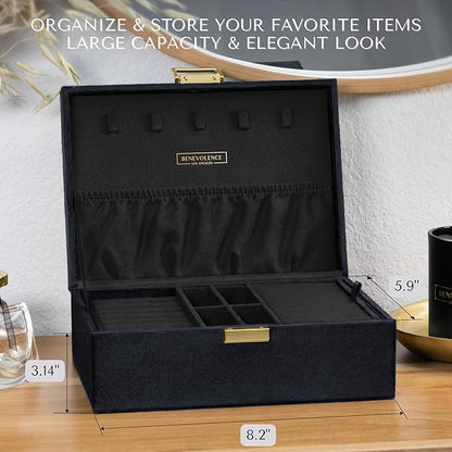 Benevolence LA 2 Layer Jewelry Box for Women, Large Velvet Jewelry Organizer with Decorative Lock, Removable Jewelry Tray, Earrings, Bracelets, Rings and Necklace Storage Box - Ebony