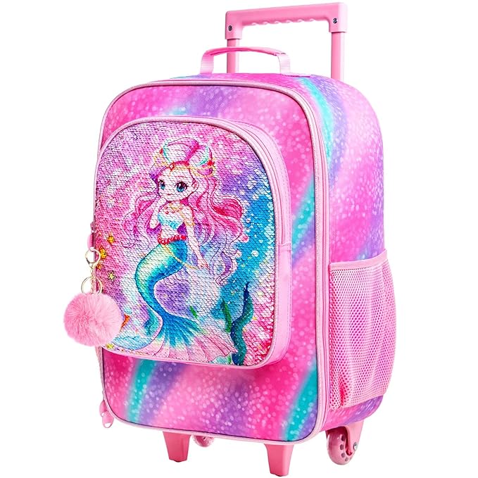 UFNDC Girls Mermaid Luggage, Rolling Suitcase with Wheels, Travel Carry on for Children Toddler Elementary