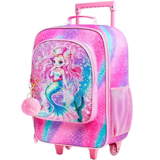 UFNDC Girls Mermaid Luggage, Rolling Suitcase with Wheels, Travel Carry on for Children Toddler Elementary