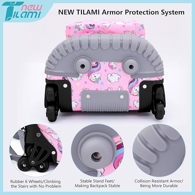 NEW TILAMI 18 Inch Rolling Backpack with Wheels for Girls Boys Kids Laptop Backpack School Travel, Pink Unicorn