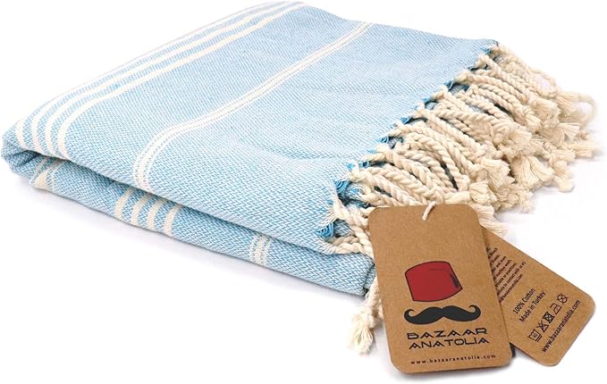 Bazaar Anatolia Slim Line Turkish Towel 100% Cotton Peshtemal Beach Towel 76x38 Thin Lightweight Travel Camping Bath Sauna Gym Pool Blanket Quick Dry Towels (Turquoise) - Made in Turkiye