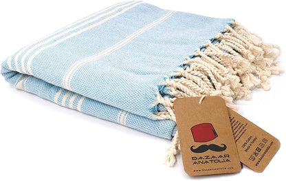 Bazaar Anatolia Slim Line Turkish Towel 100% Cotton Peshtemal Beach Towel 76x38 Thin Lightweight Travel Camping Bath Sauna Gym Pool Blanket Quick Dry Towels (Turquoise) - Made in Turkiye