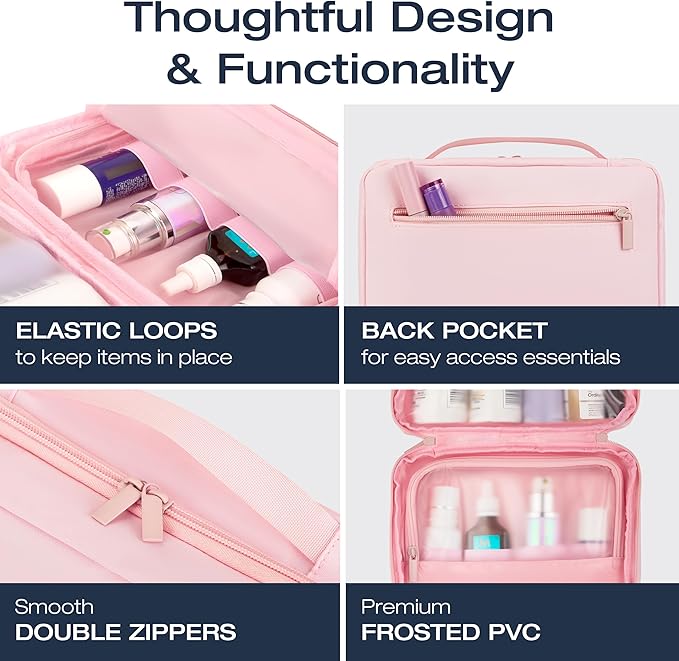 KAZAY Hanging Toiletry Bag with TSA Approved Detachable Pouch, Travel Toiletry Bag, Water Resistant, Premium Nylon, Travel Size Toiletries, Cosmetic Bag, Makeup Bag (Pink)