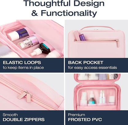 KAZAY Hanging Toiletry Bag with TSA Approved Detachable Pouch, Travel Toiletry Bag, Water Resistant, Premium Nylon, Travel Size Toiletries, Cosmetic Bag, Makeup Bag (Pink)