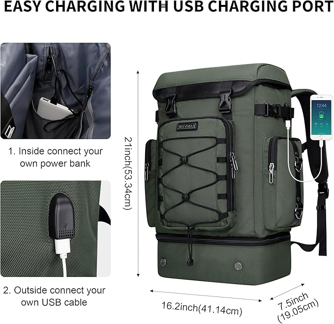 WITZMAN Travel Backpack for Men Women Carry on Bags for Airline Approved Convertible Duffle Luggage Backpack Shoe Compartment（B691 Green）