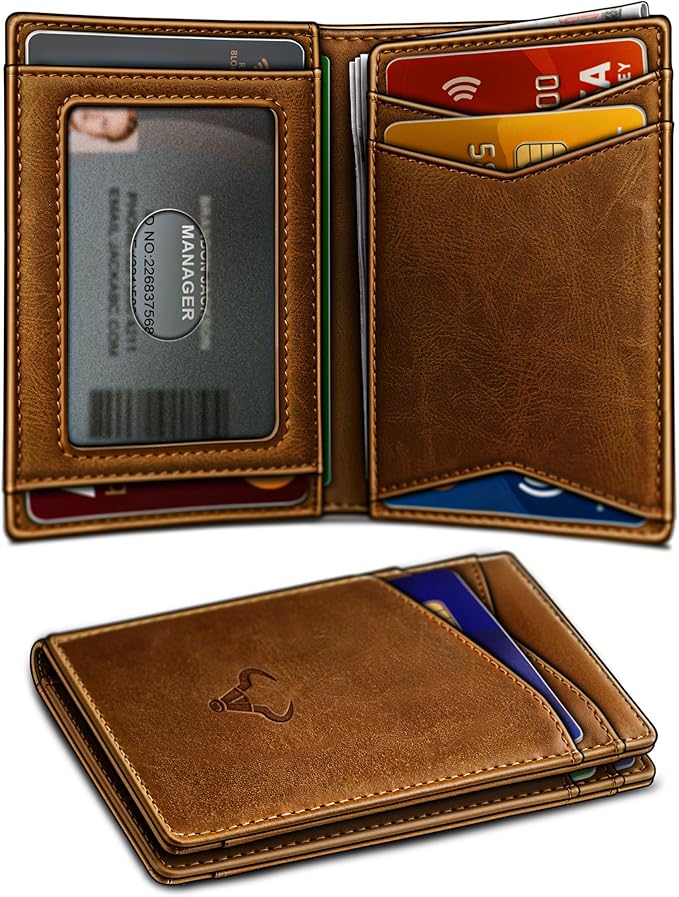 BULLIANT Men Wallet,Top Grain Leather Slim Wallet Magnetic Closure Simplifed Bill Folder RFID Blocking 11Cards