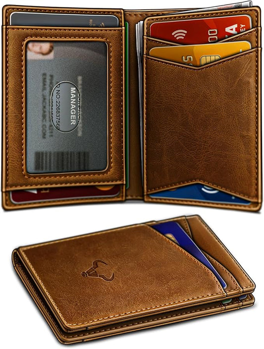 BULLIANT Men Wallet,Top Grain Leather Slim Wallet Magnetic Closure Simplifed Bill Folder RFID Blocking 11Cards