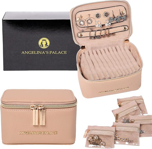 Angelina's Palace Jewelry Organizer Case Bridesmaid Gifts Travel Bag Vegan Leather Box for Necklace Earring Bracelet Ring(light fawn)