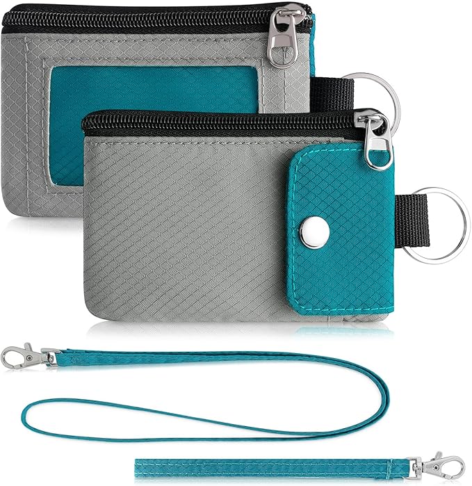 Minimalist Wallet For Mens Womens, Keychain RFID Blocking Zipper Small Wallet with ID Window 2 Lanyards,Water Resistant Travel Cash Card Coin Case Boys Girls