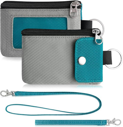 Minimalist Wallet For Mens Womens, Keychain RFID Blocking Zipper Small Wallet with ID Window 2 Lanyards,Water Resistant Travel Cash Card Coin Case Boys Girls